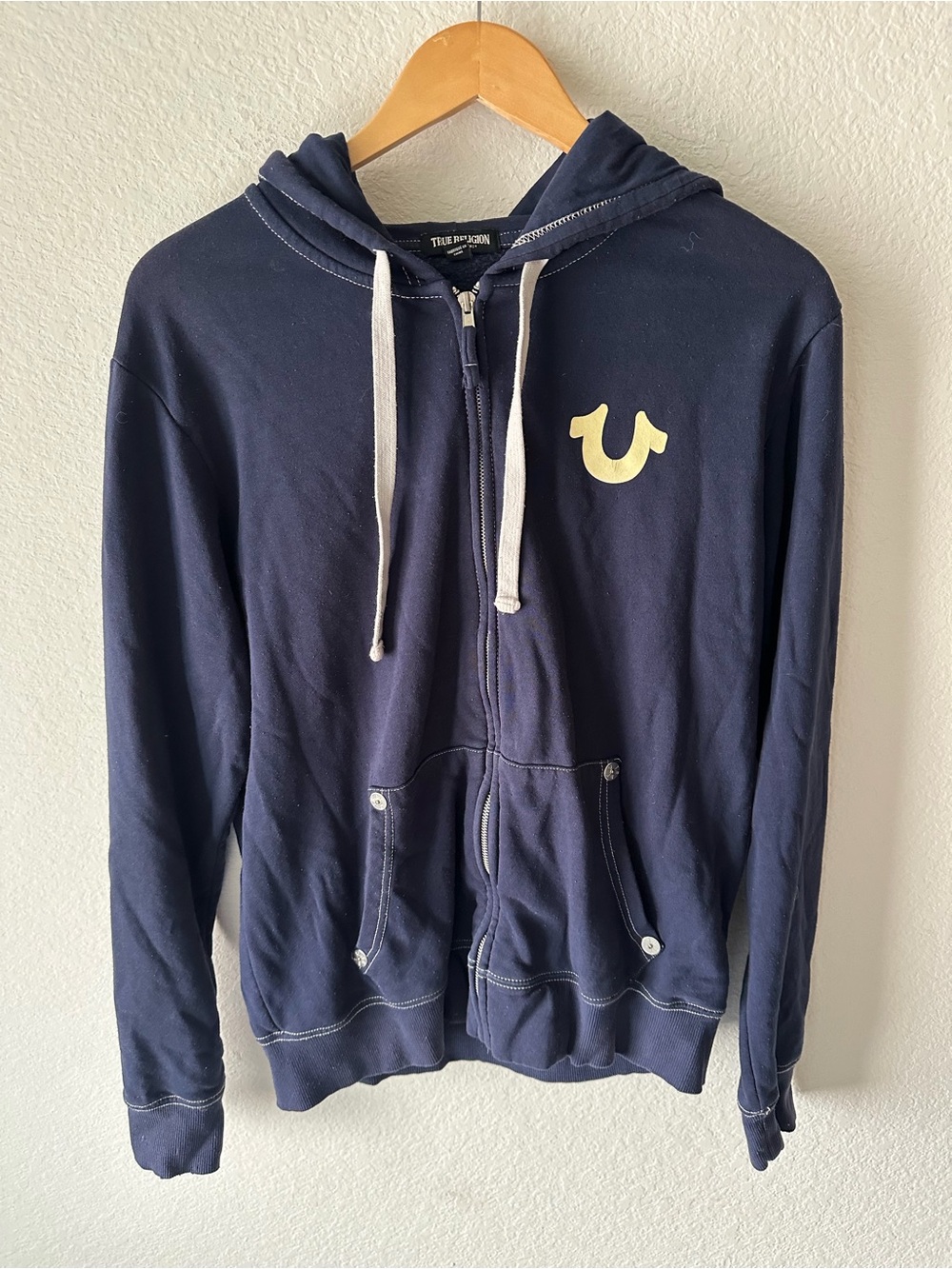 True Religion‎ Mens Navy Blue World Tour Buddha Full Zip Hoodie Horseshoe Logo L